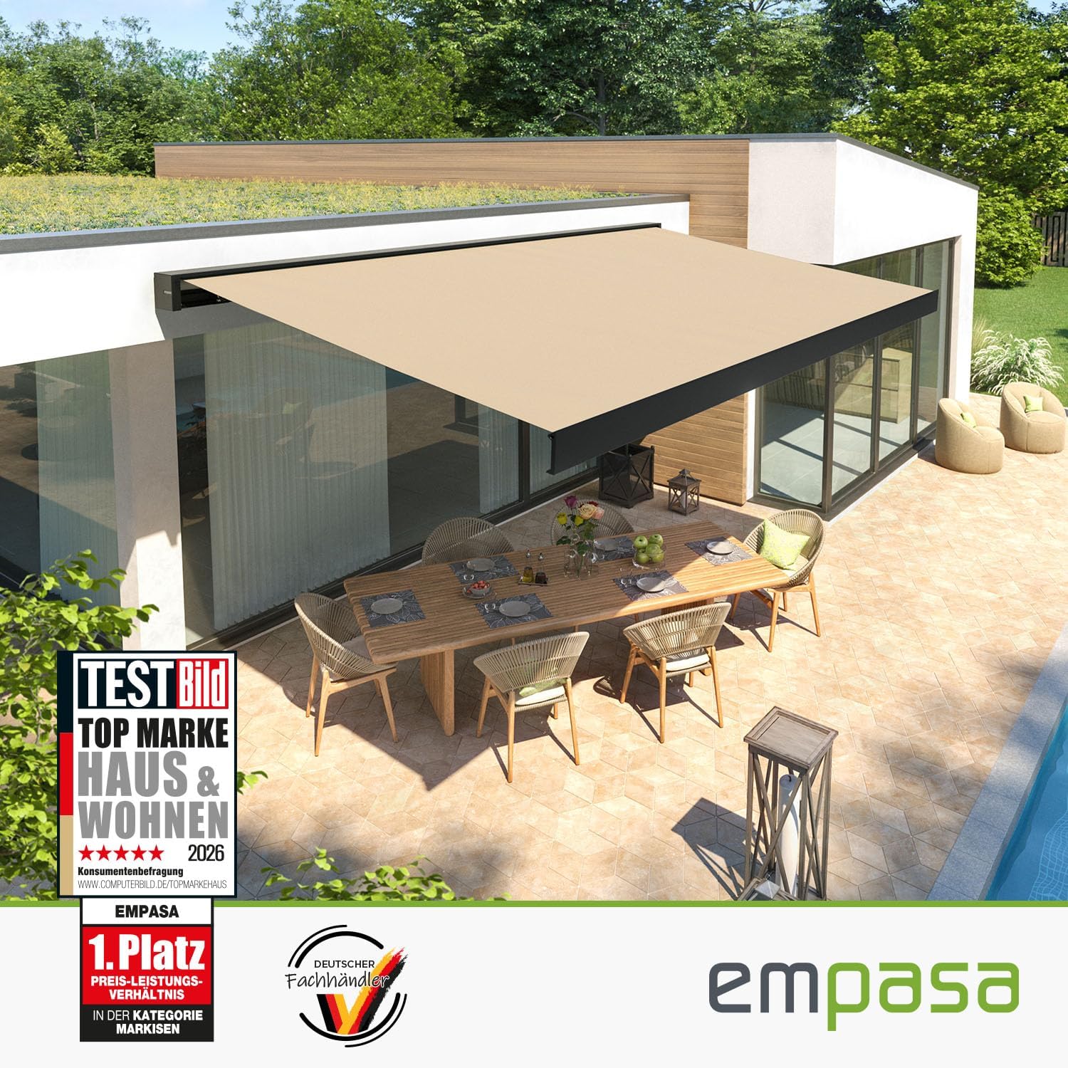 empasa elektrische Vollkassettenmarkise Cube ONE Smart Home kompatibel mit WiFi-Motor Markise Sonnenschutz Kassettenmarkise kubisches Design, Farbe:Sand, Größe:3.5 x 3 m