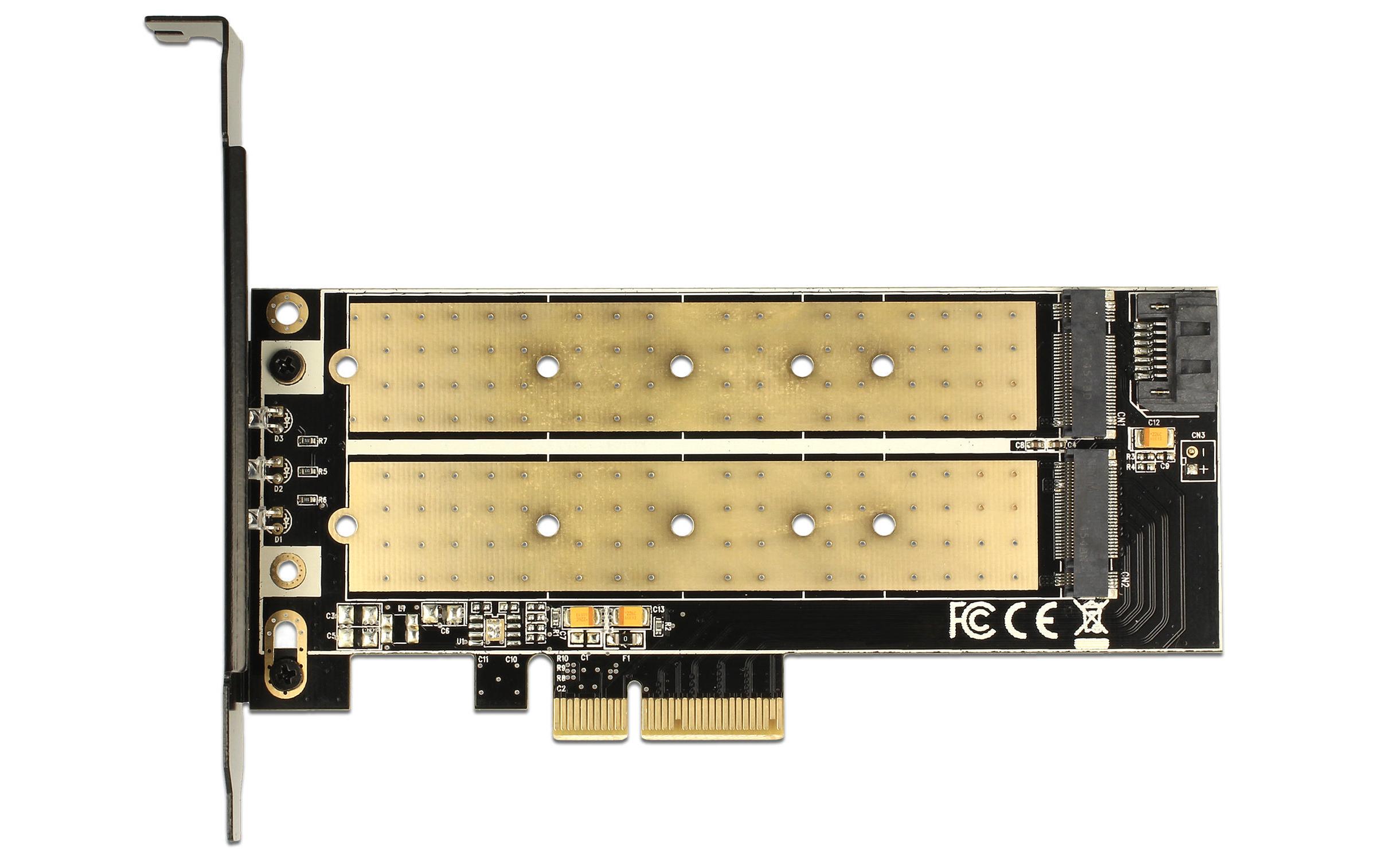 Host Bus Adapter PCI-Ex4 - M.2 1xNVME Key-M, 1xSATA Key-BDelock PCI Express x4 Karte > 1 x intern M.2 Key B + 1 x intern NVMe M.2 Key M – Low Profile Formfaktor