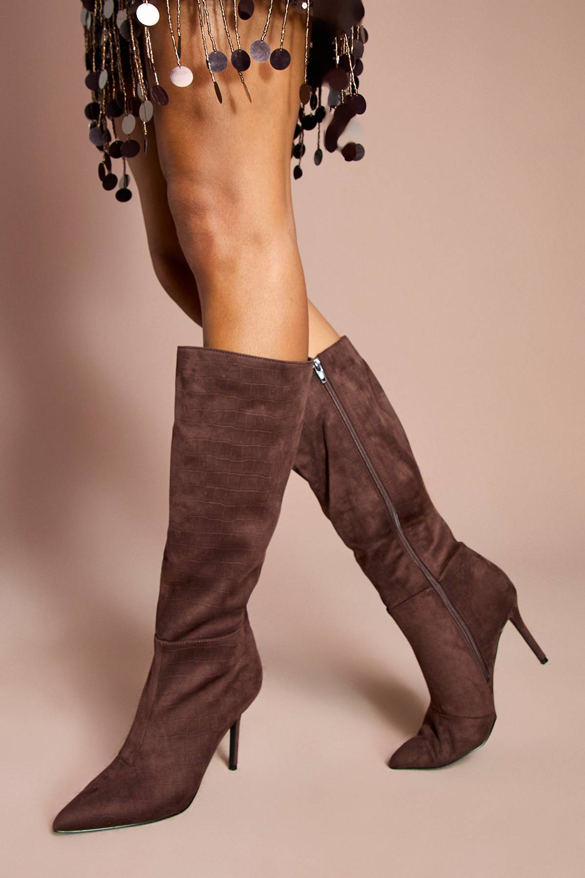Coast Bottes Hautes Eleanor en Daim Synthétique à Effet Croco et Talon Stiletto