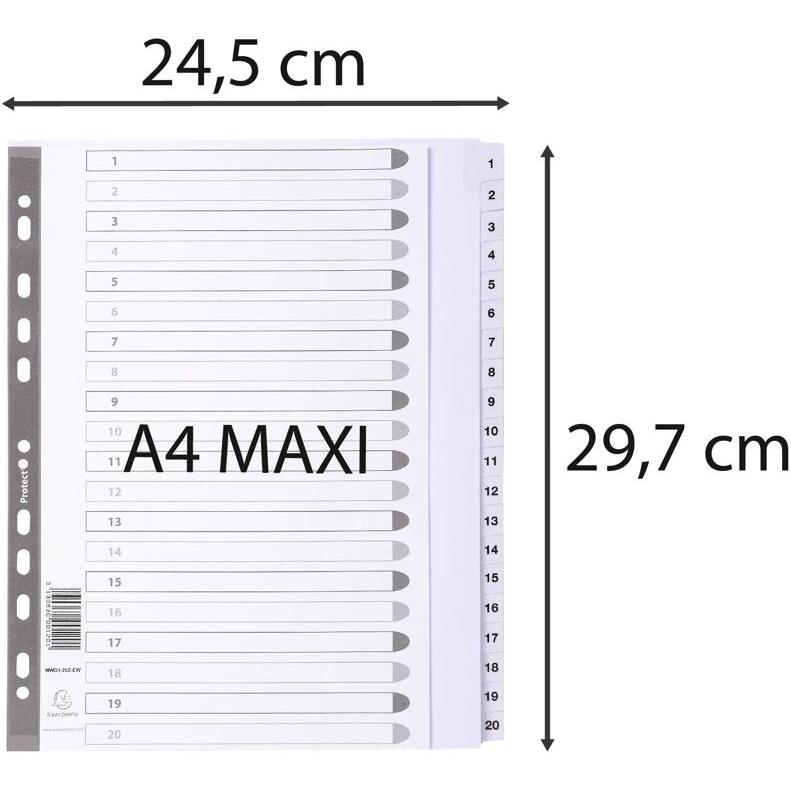 Intercalaires imprimés à touches plastifiées - 20 touches 1 à 20 - A4 maxi - Blanc