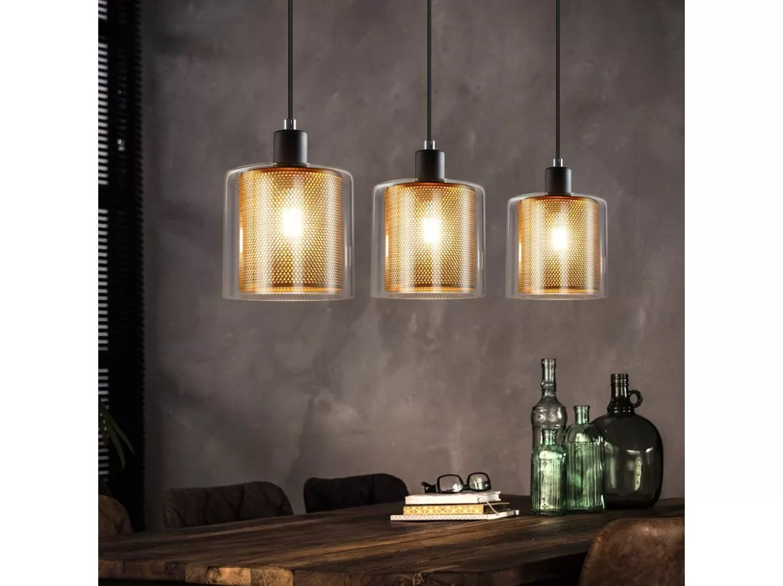 NETTLIFE Suspension métal noir doré E14 Diam.171,5 cm vintage industrielle verre 3 lampes pour salon, bureau, salle à manger
