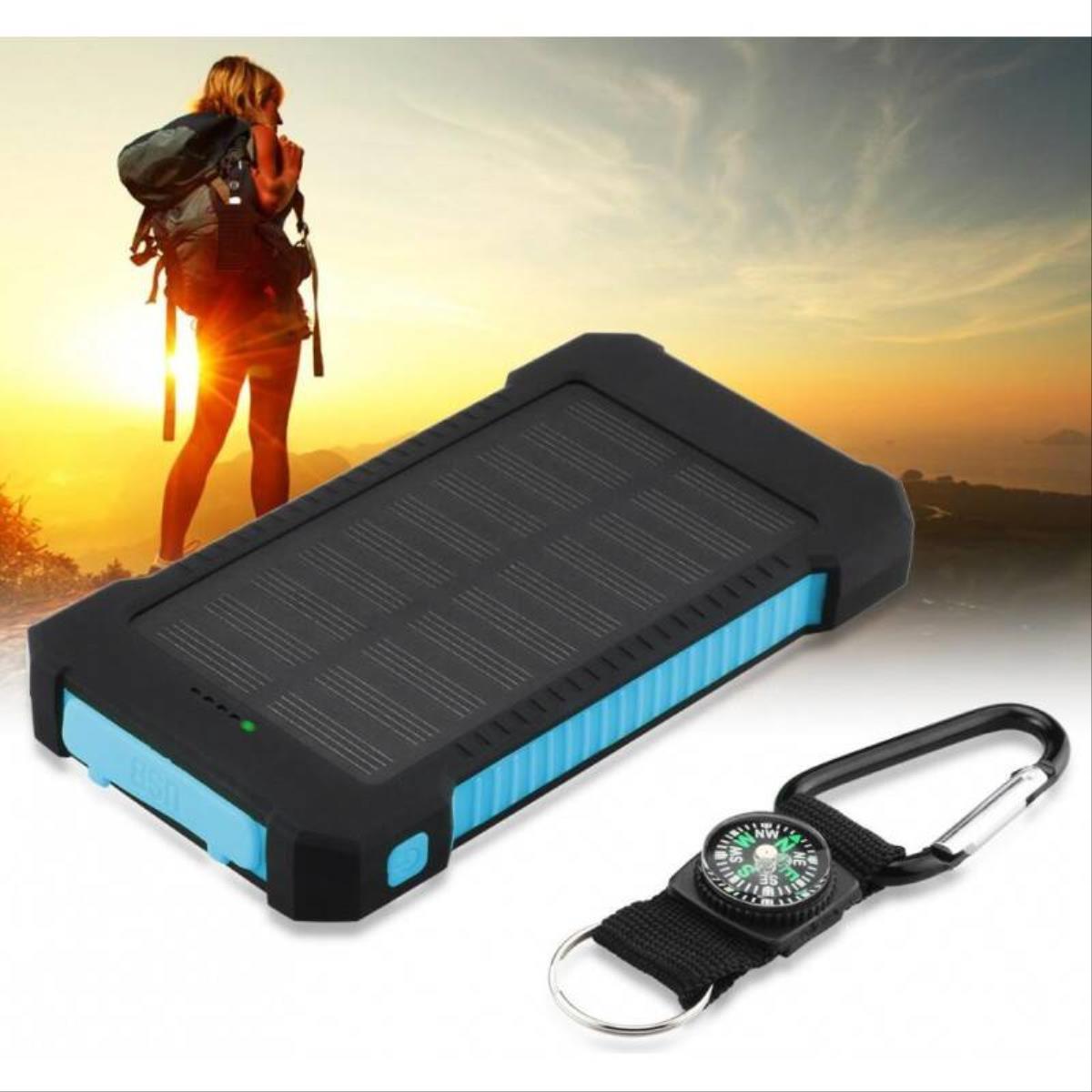 Carregador solar Smartek de 10000mAh com 2 portas USB, bússola e lanterna LED.