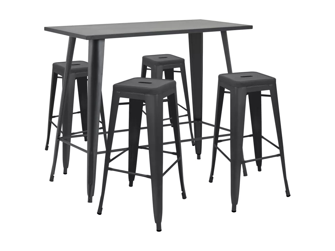Table haute de jardin et 4 tabourets en métal noir mat