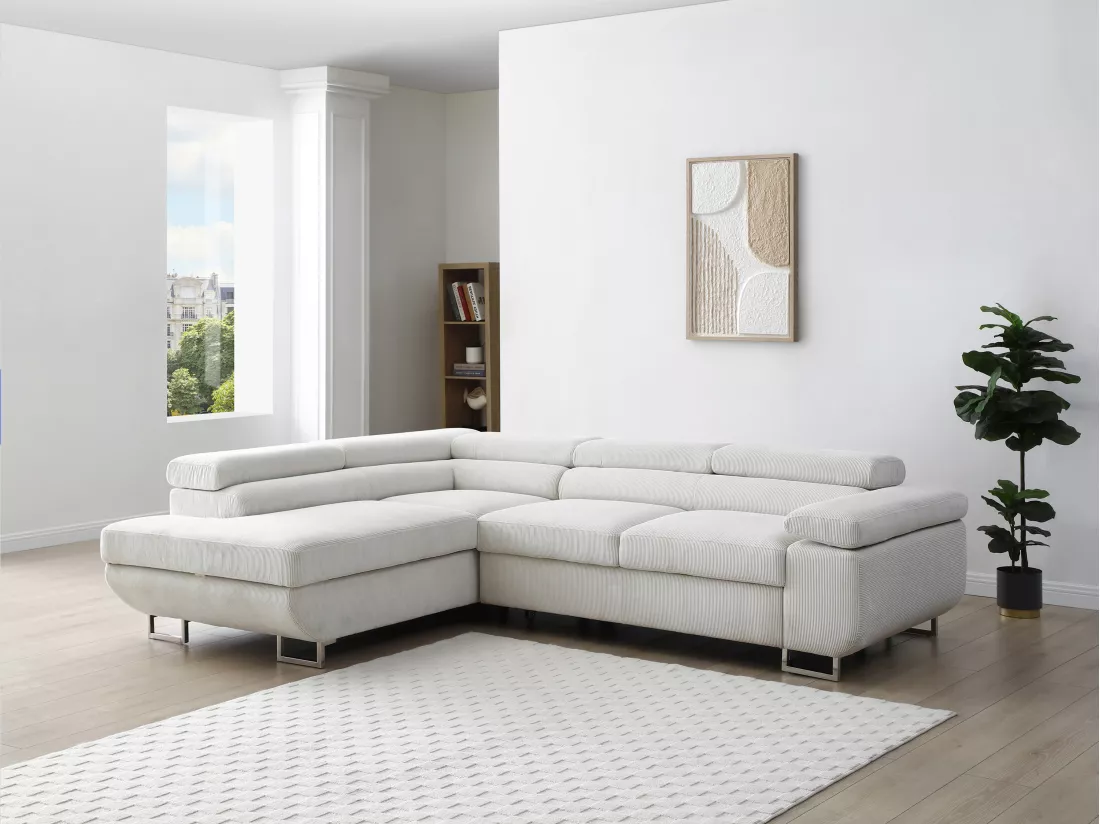 Canapé d'angle gauche convertible en velours côtelé beige NURAZIO
