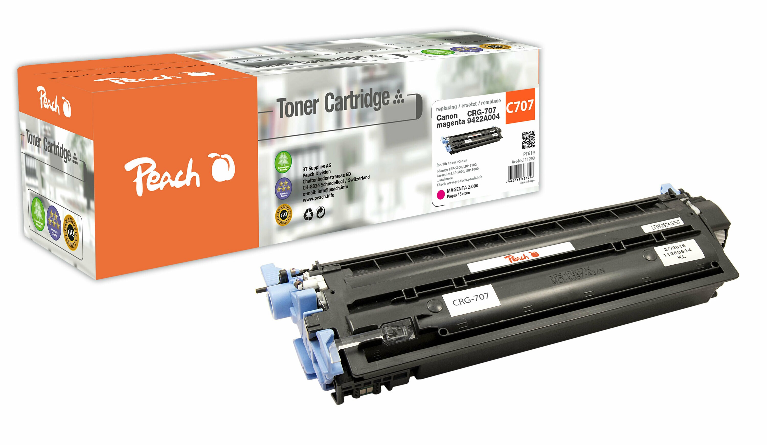 Peach C707 M Toner ma ersetzt Canon CRG-707M, 9422A004 für z.B. Canon ISensys LBP -5000, Canon ISensys LBP -5100, Canon Lasershot LBP -5000 (wiederaufbereitet)