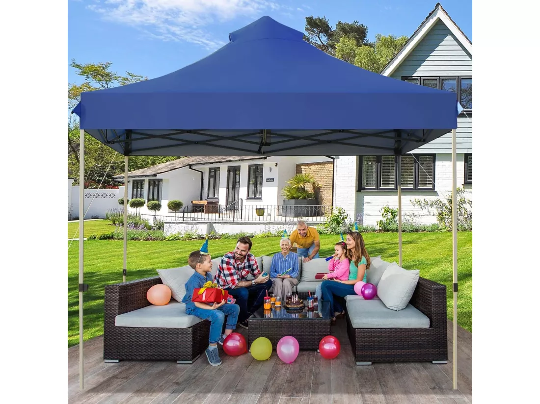 Tonnelle de Jardin Escamotable Pliable 3x3M, Tente de Fête Imperméable Protection Solaire 3 Hauteurs 305/320/335 cm avec Sac de Rangement à roulettes, pour Marché Patio (Bleu)