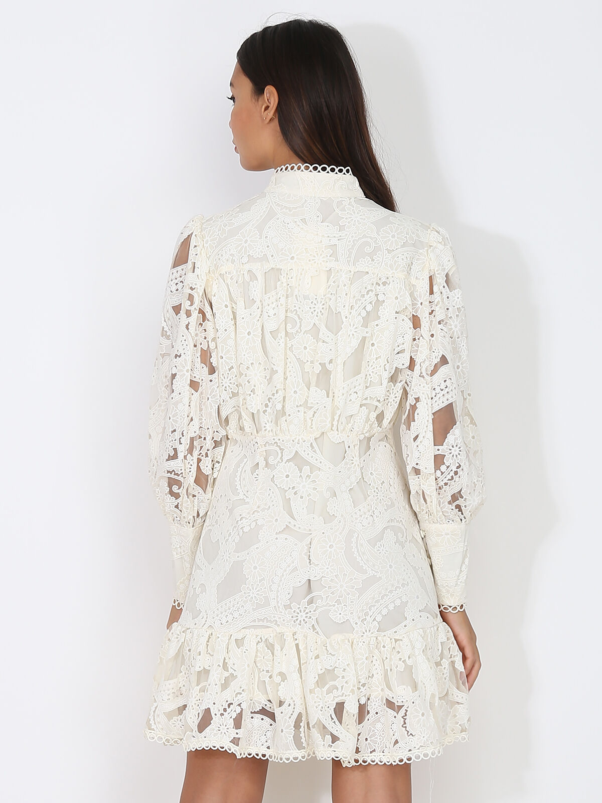 Robe en organza boutonnée à motif floral- Beige
