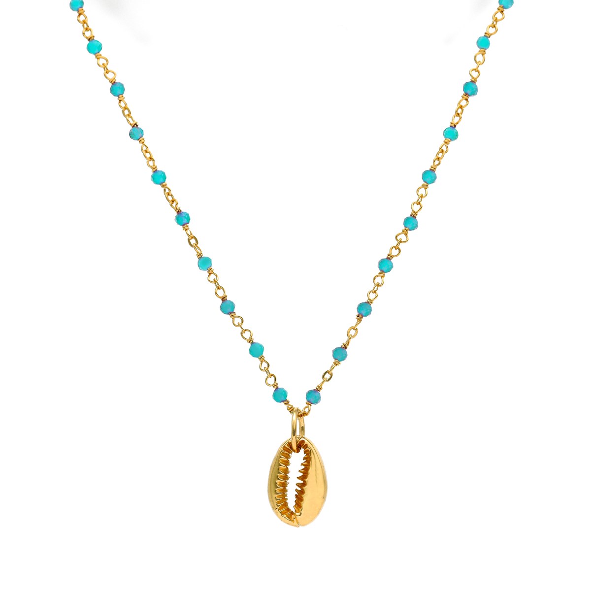 Collier Chaine En Argent Doré Avec Pierres Naturelles Turquoise Et Coquillage