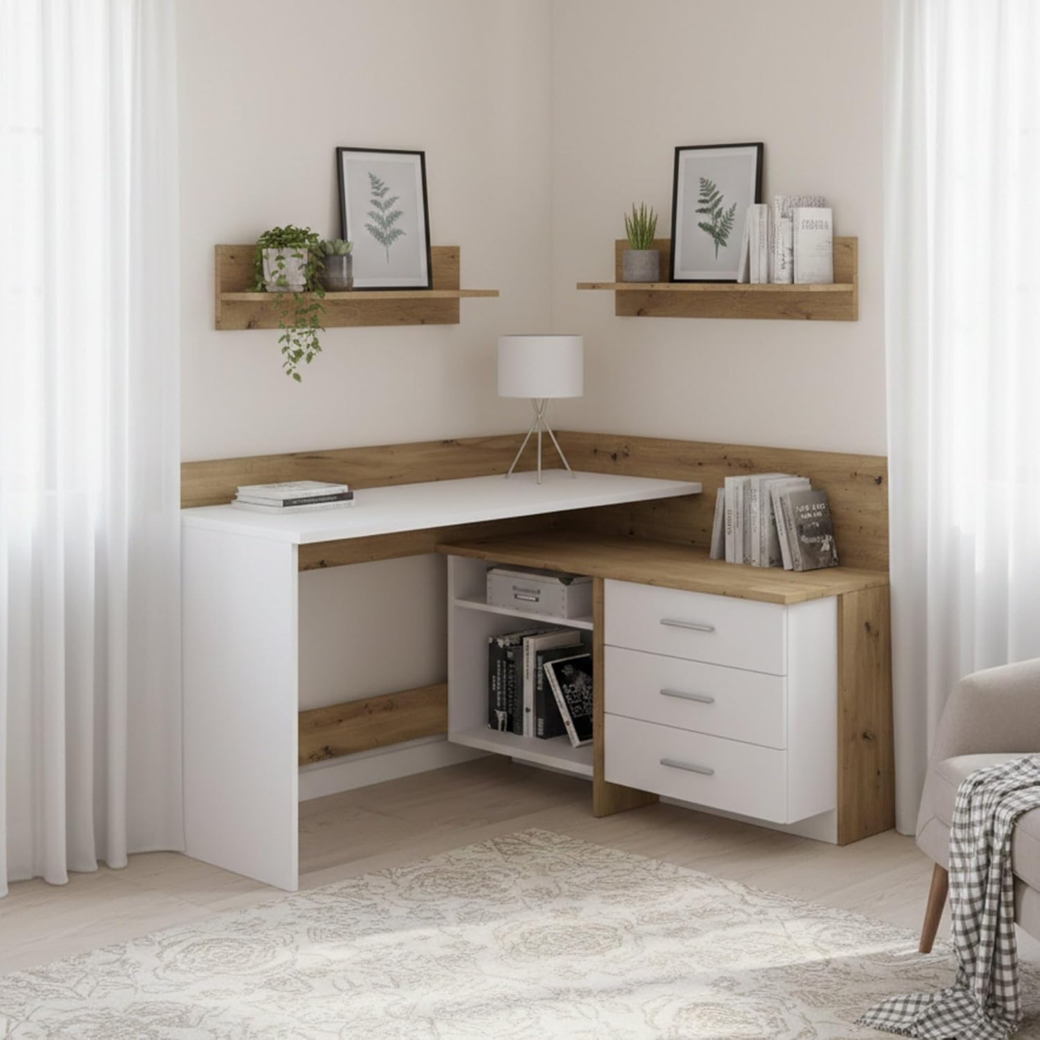 Dmora - Schreibtisch Hudson, Mehrzweckschreibtisch, Bürotisch für PC, Eckschreibtisch, 130x112h82 cm, Weiß und Knoteneiche