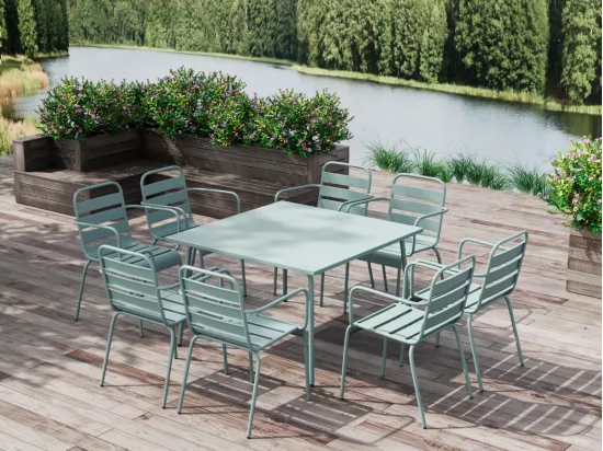 Salle à manger de jardin en métal - une table L.120 cm et 8 fauteuils empilables - Vert amande - MIRMANDE de MYLIA
