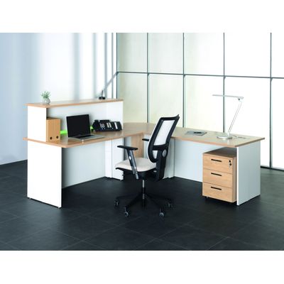 Banque d'accueil LUMINA - avec réhausse - L140 x H115 x P80 cm - Bande translucide Blanche - Finition chêne clair/blanc