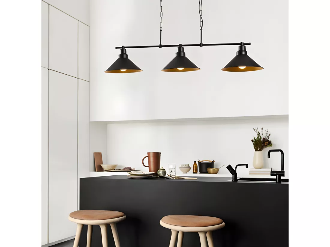 Lustre industriel en métal - 3 abat-jours - L. 108 x H. 55 cm - Noir - SIVANI
