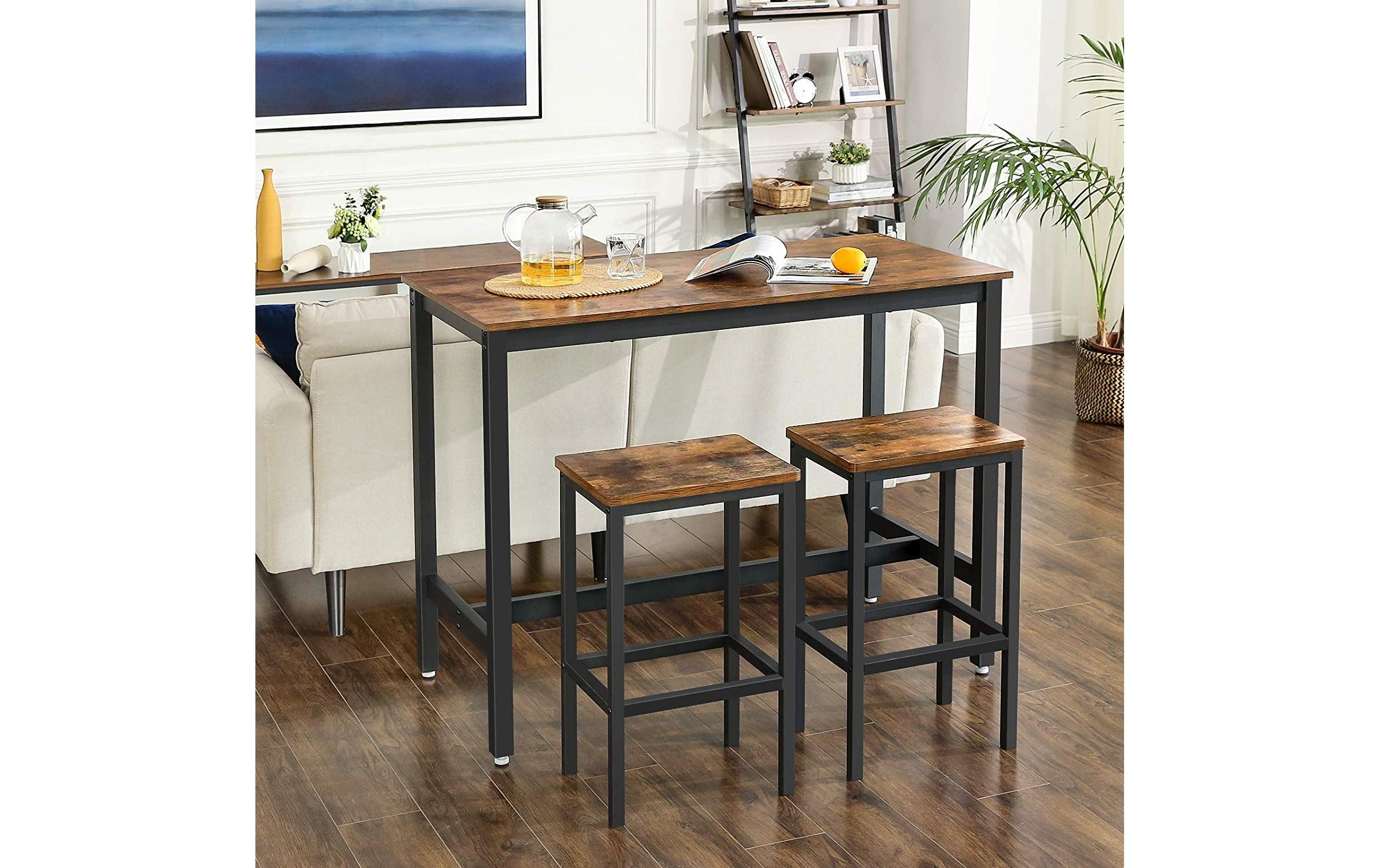Bartisch mit 2 Hockern 40/120 x 65 cm/90 cm, Braun/Schwarz<br>Bartisch-Set aus Holz und Stahl