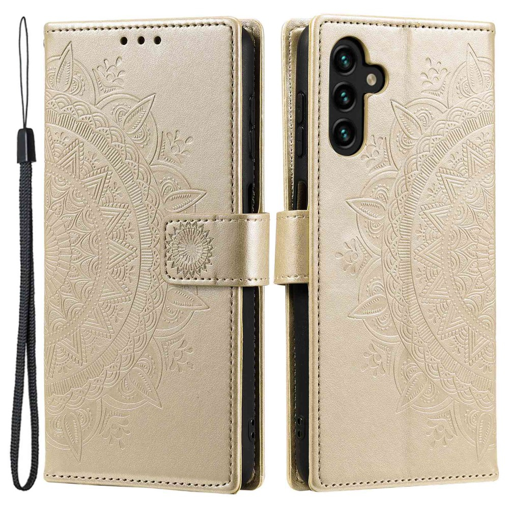 Samsung Galaxy A54 5G Leder Tasche Wallet - Mandala Flowers Imprint - Gold