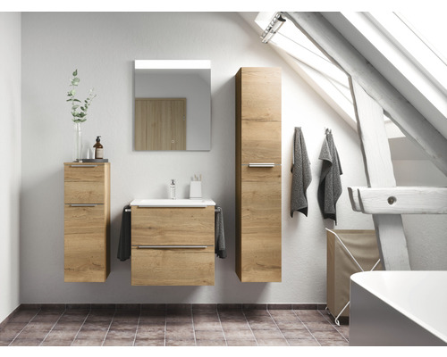 Badkamermeubelset NOBILIA Programma 1 BxHxD 61 x 169,1 x 48,7 cm, frontkleur eiken naturel met wastafelmeubel en spiegel in wit met LED-verlichting, greeplijst mat chroom 015