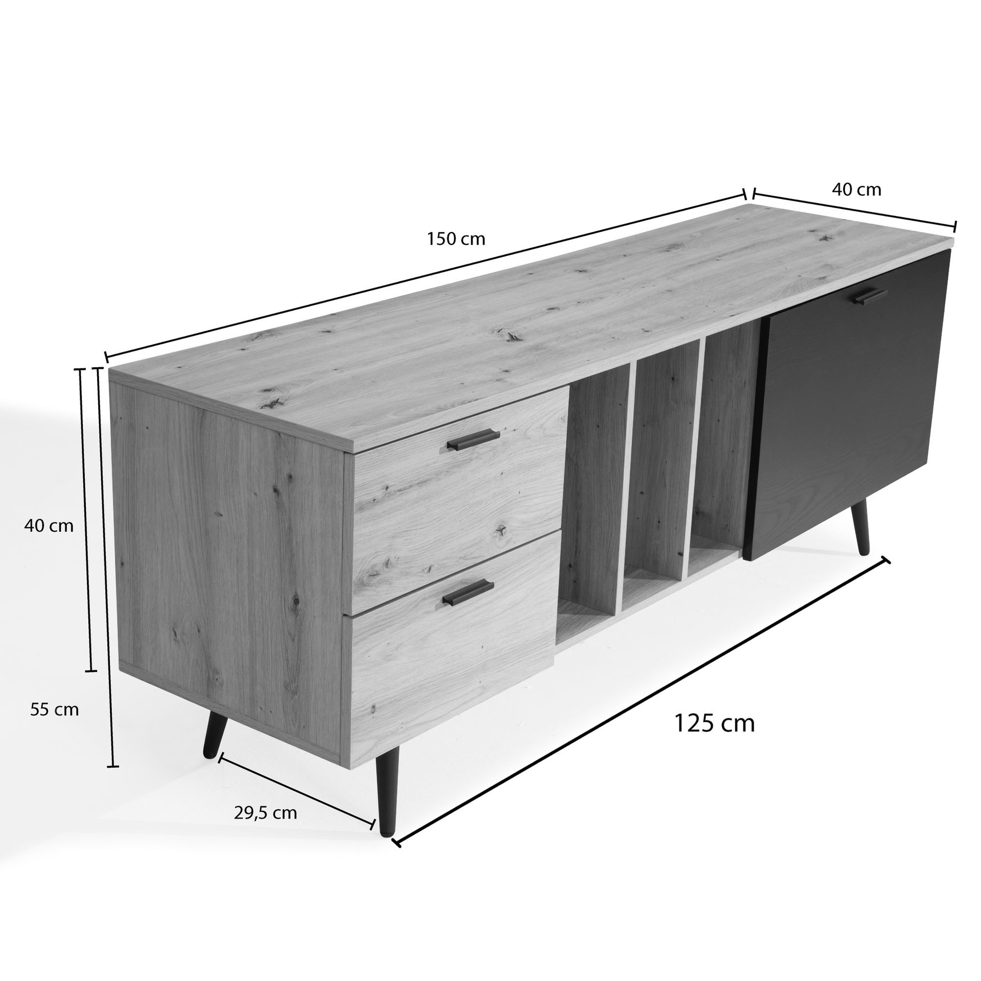 Lowboard 150 x 55 cm Eiche-Dekor/schwarz
