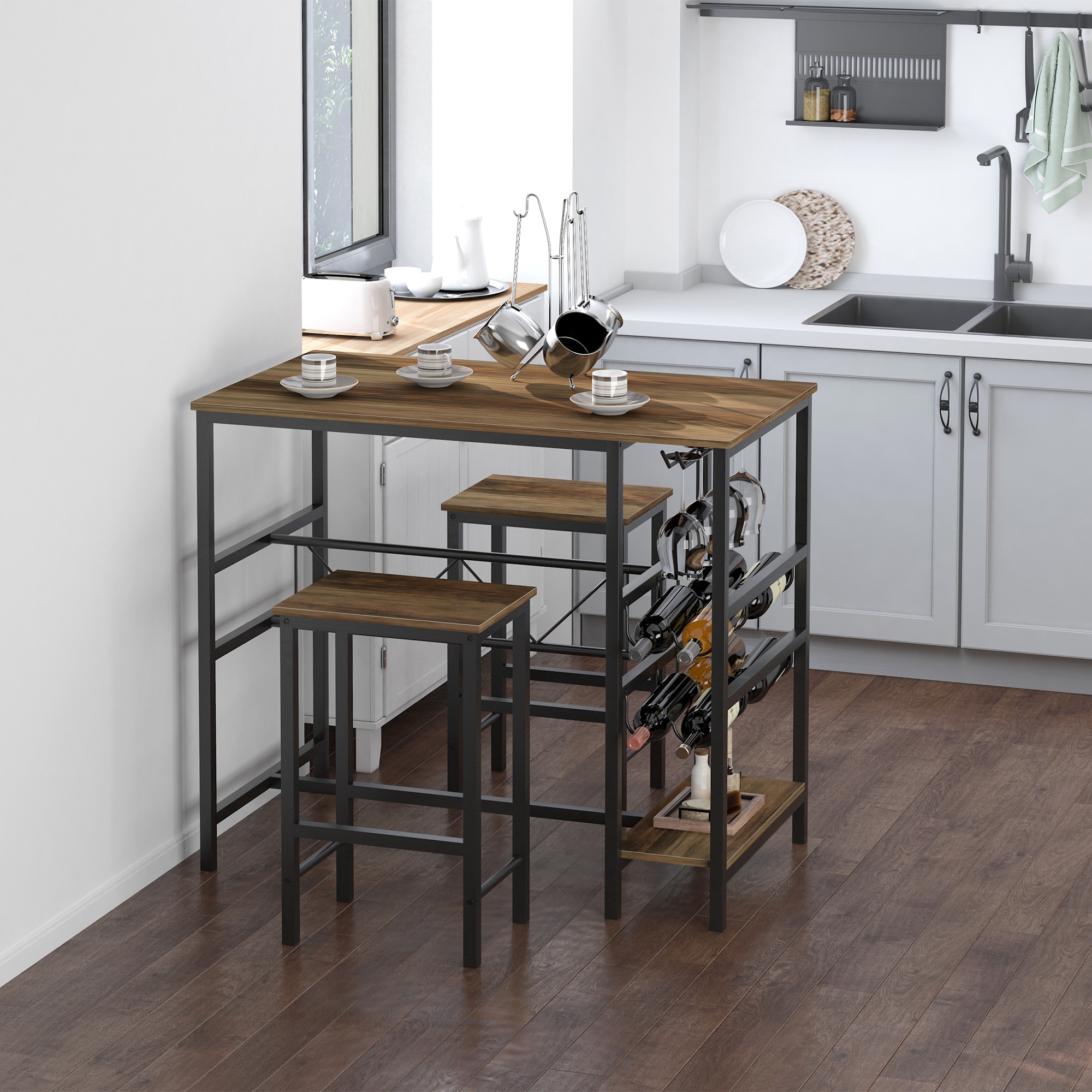 HOMCOM Bartisch-Set mit 2 Barhockern natur, schwarz