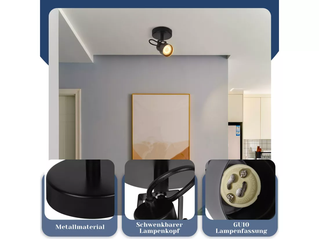 NETTLIFE Spot de plafond noir - Plafonnier vintage GU10 Lampe de cuisine pour salon couloir