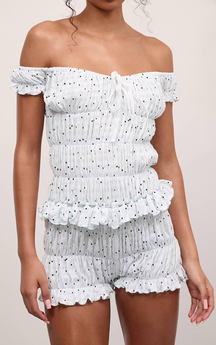 Bleu Layette Combinaison Courte Froncée Bardot À Pois