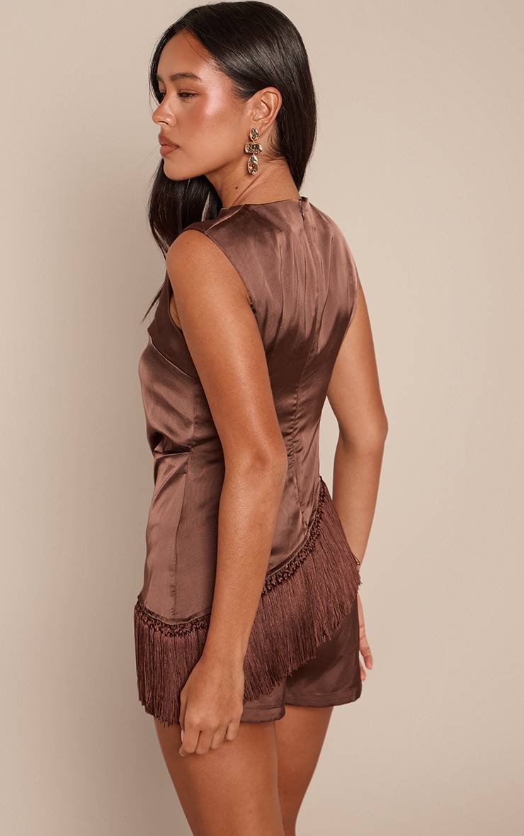 Marron Ensemble Haut À Détail Franges En Satin
