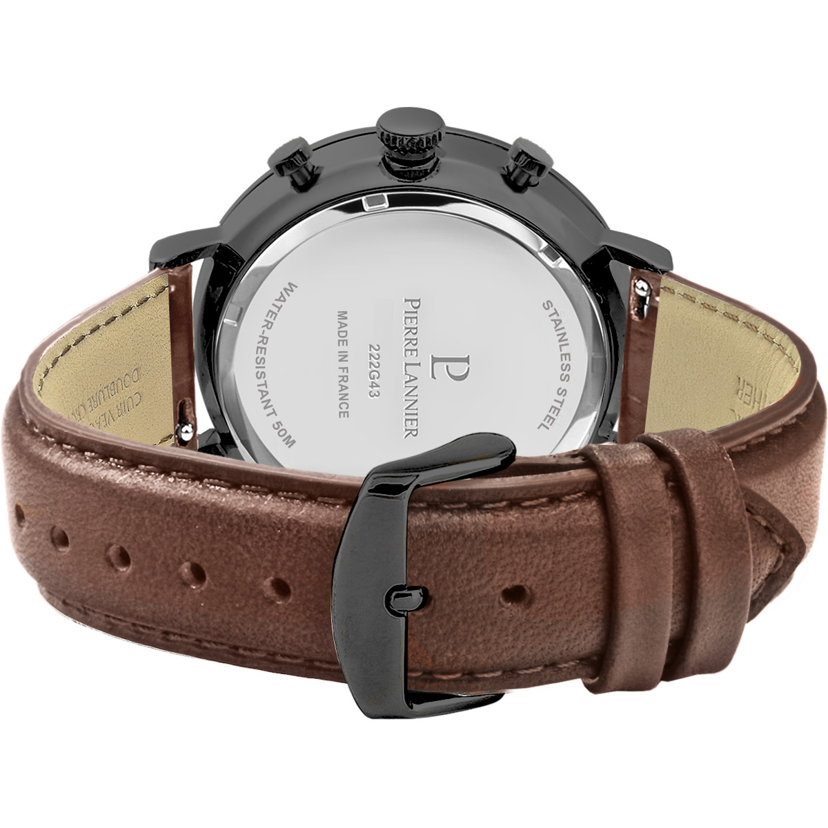 Montre Pierre Lannier homme acier noir bracelet cuir marron