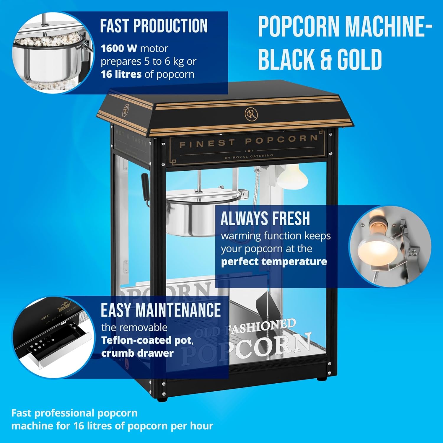 Royal Catering Retro Popcornmaschine 1500 W 5 kg/h golden & schwarz Popcornmaker