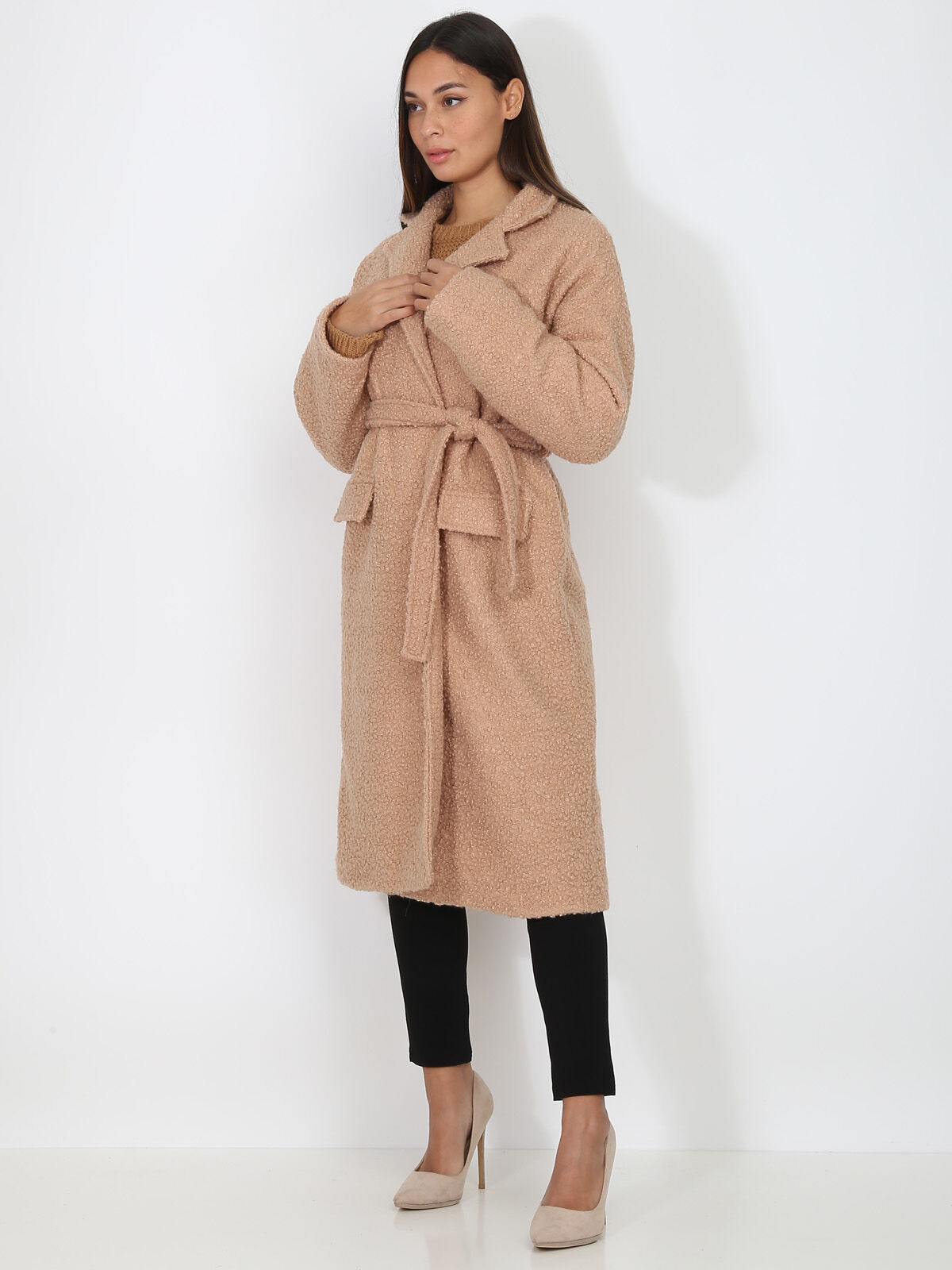 Manteau moutonné et ceinturé- Taupe