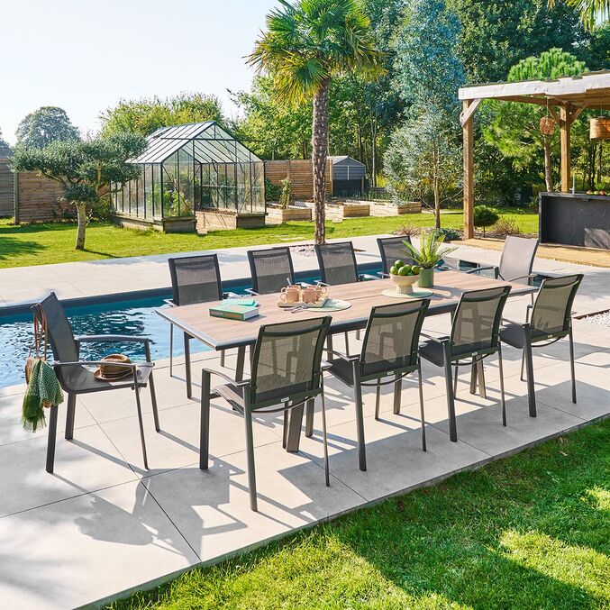 Ensemble table de jardin extensible PAVANE  + 10 fauteuils AXANT Truffe & Graphite