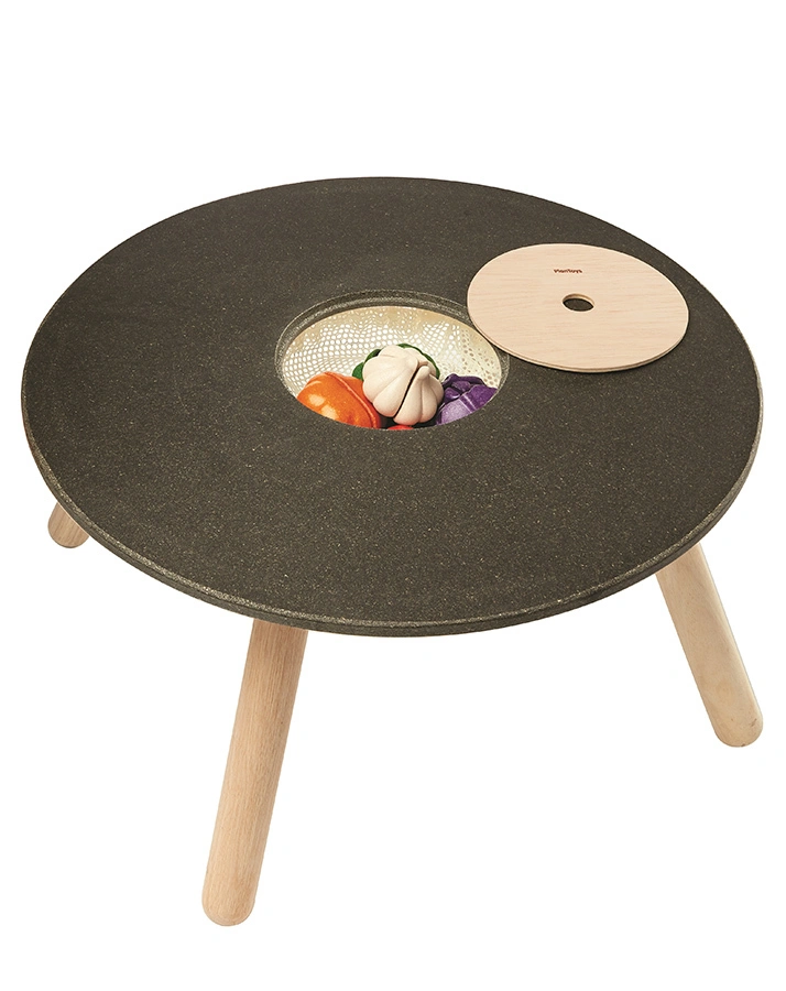 Holz-Spieltisch KREIDETAFEL mit Aufbewahrung in schwarz/natur