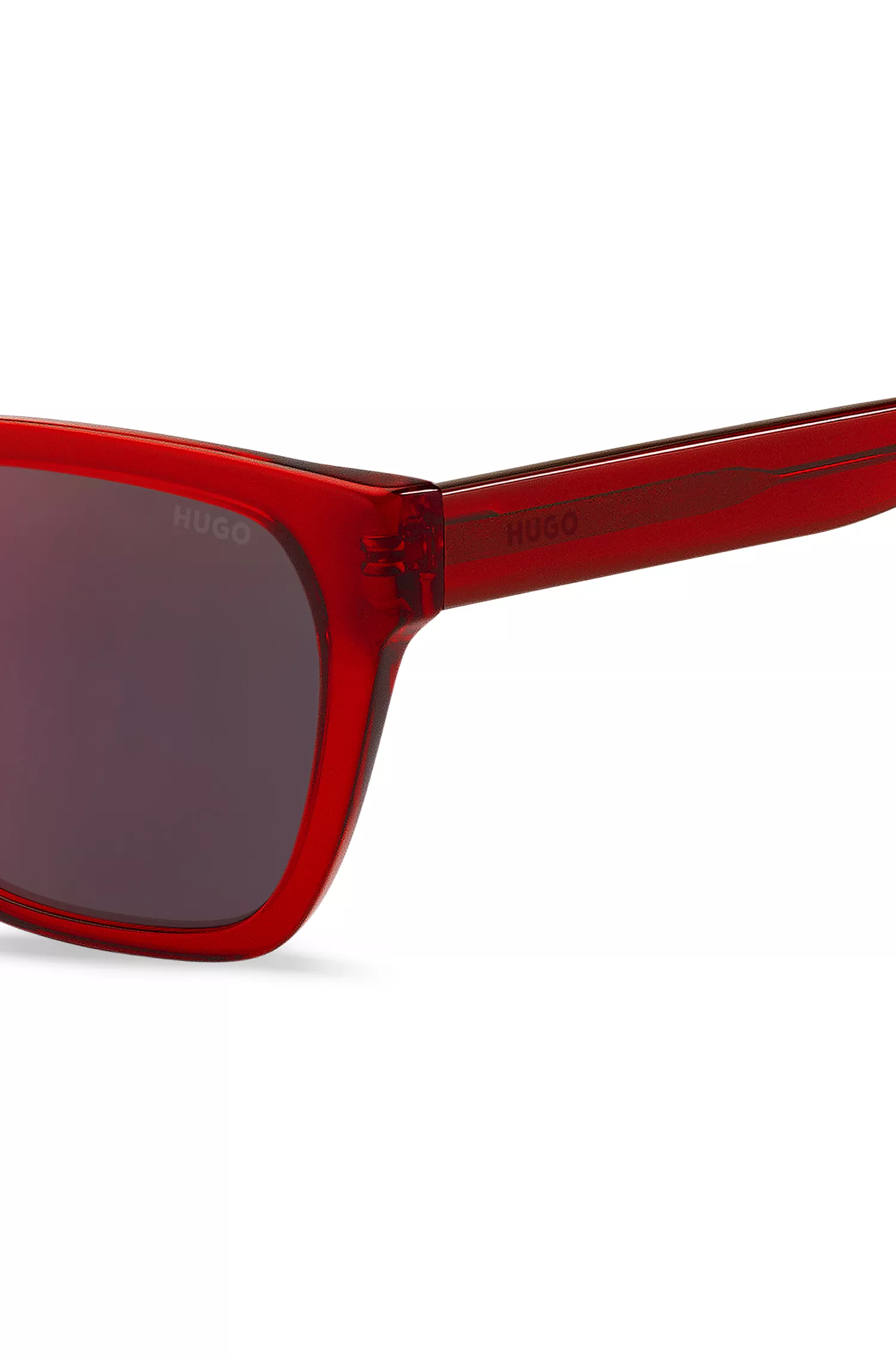 Óculos de sol HUGO em acetato vermelho com hastes degradê.