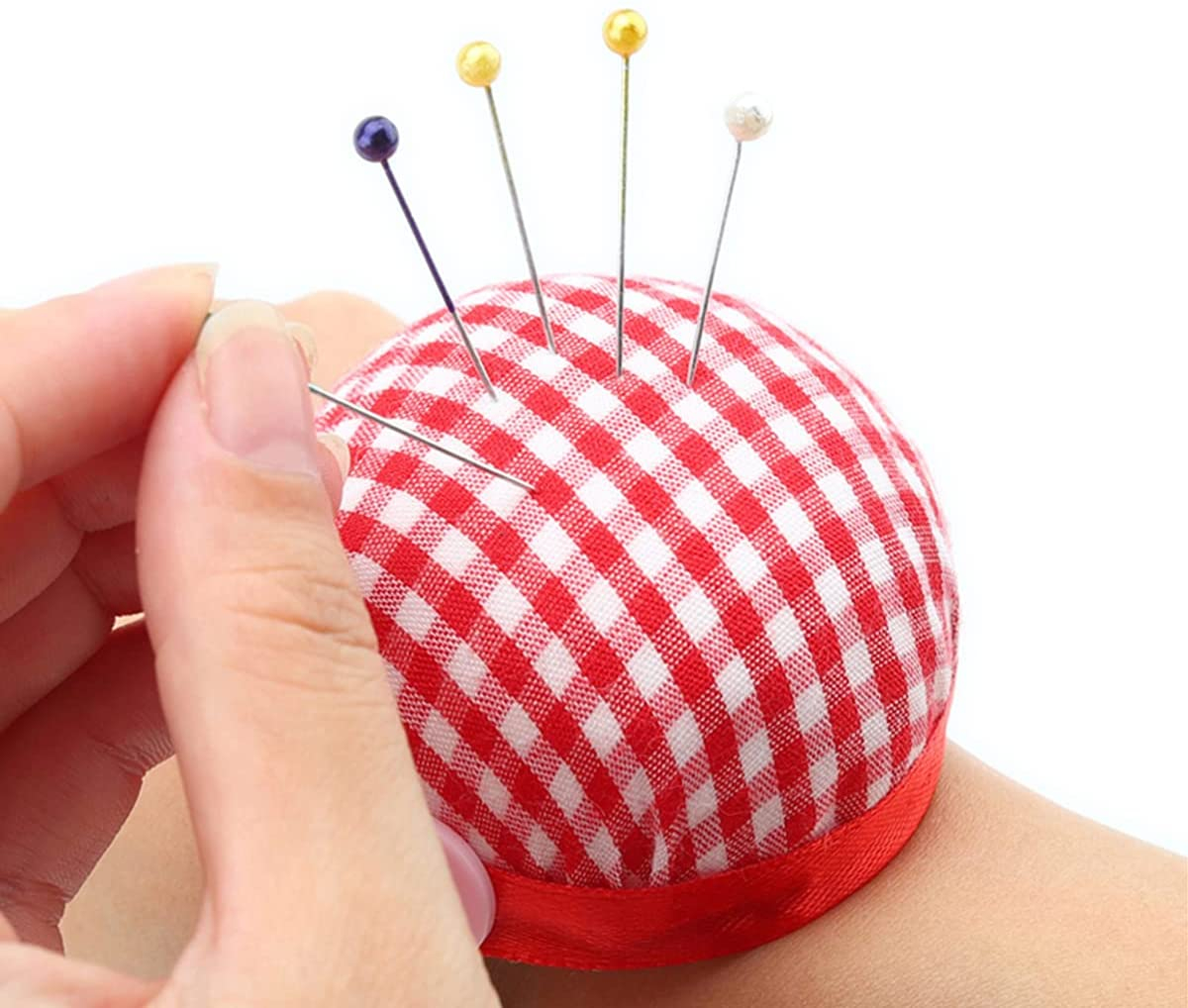 (Ø6cm) Nähnadel Kissen DIY Mercerie Nadel Halter mit elastischer Handgelenk Schlaufe - Rot / Weiss