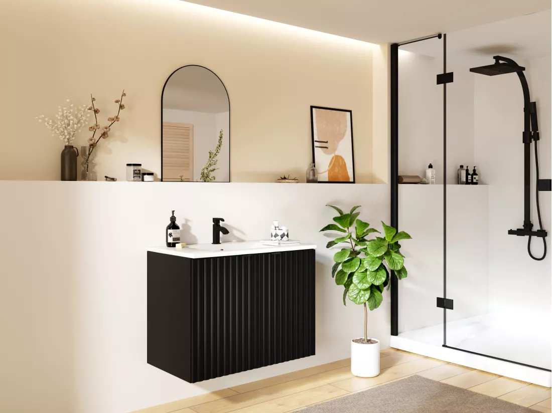 Meuble sous vasque suspendu strié - Noir - L80 cm - ZILGA