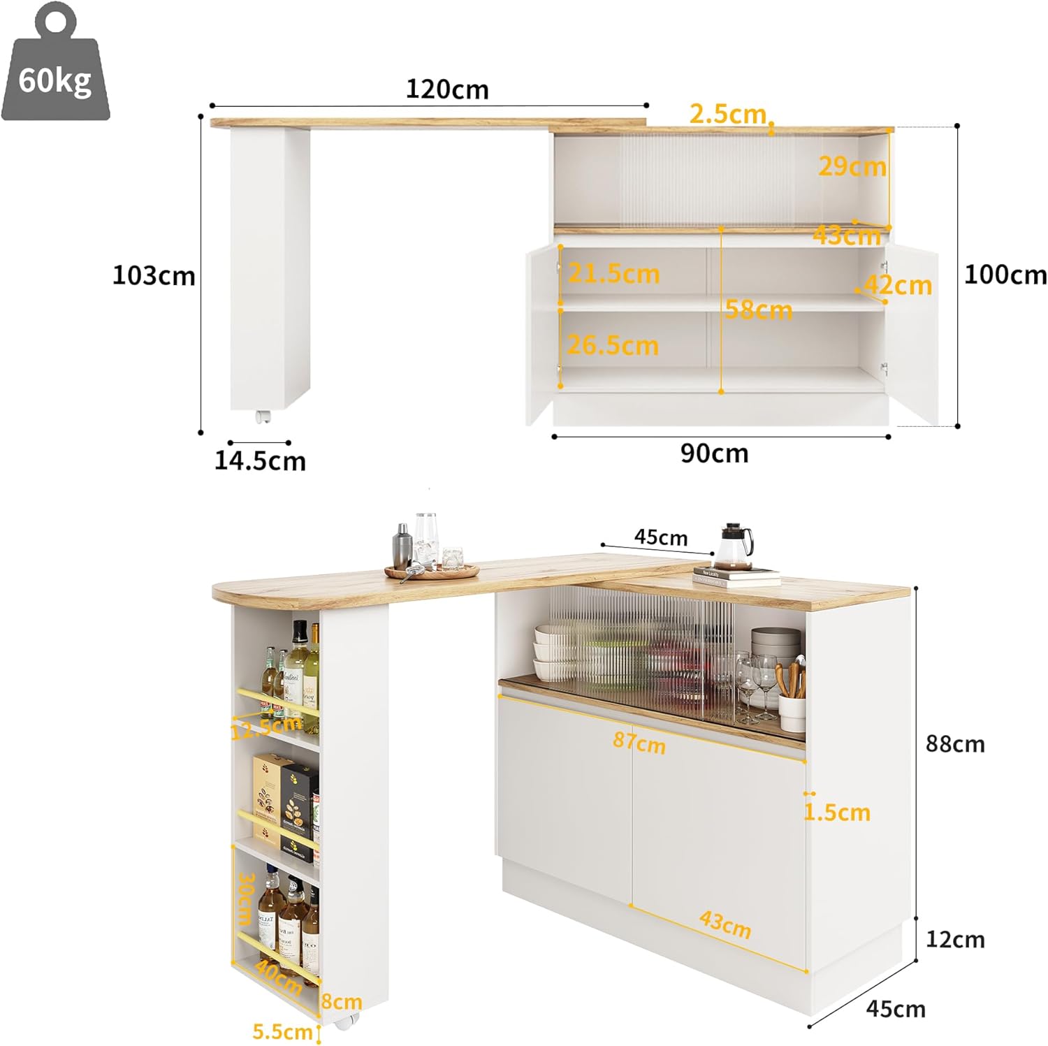 Azkoeesy Bartisch Esstisch 360° drehbare mit Stauraum, 90 x 45 x 100-165 cm, mit Rollen, Seitenregal, Schiebetüren aus Glas, Stehtisch/Bistrotisch/Hochtisch/Kücheninsel, weiß