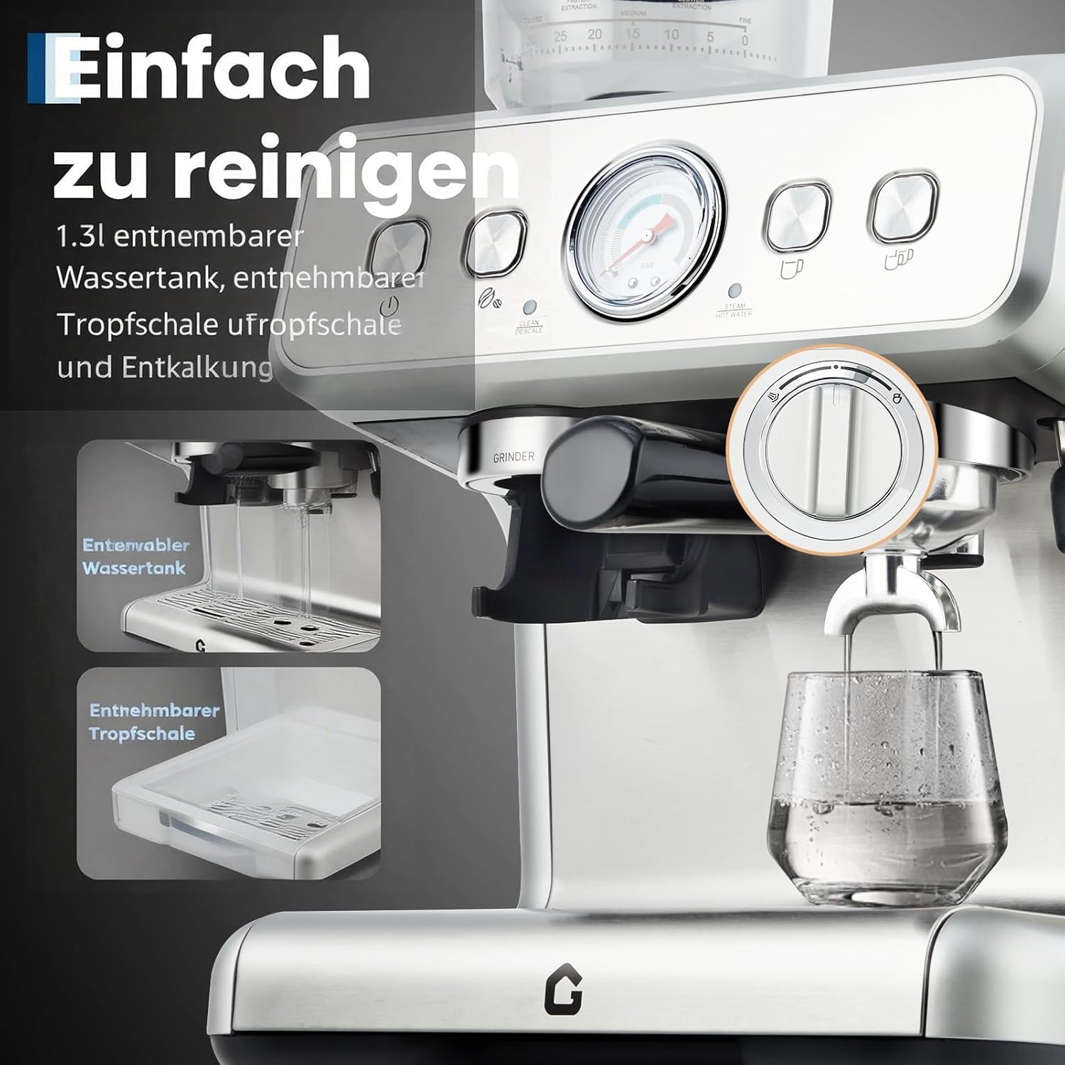 Espressomaschine mit Kegelmahlwerk & 20 Bar Druck Kaffeemaschine- Vollautomat mit 2,8L Wassertank, Dampfrohr, Heißwasser & 30 Mahlstufen - Für Einzel-/Doppeltassen mit Manometer Kaffeemaschine