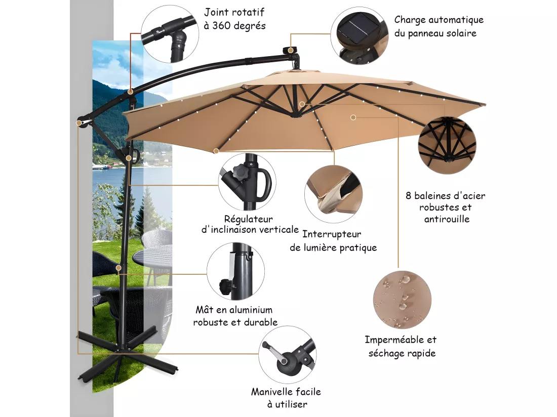 Parasol Déporté Exterieur Lumières LED Solaires 3M, Parasol de Marché à 8 Côtes en Aluminium, Réglages d'Inclinaison Rotation, Manivelle, Base Croisée, pour Jardin Terrasse Beige