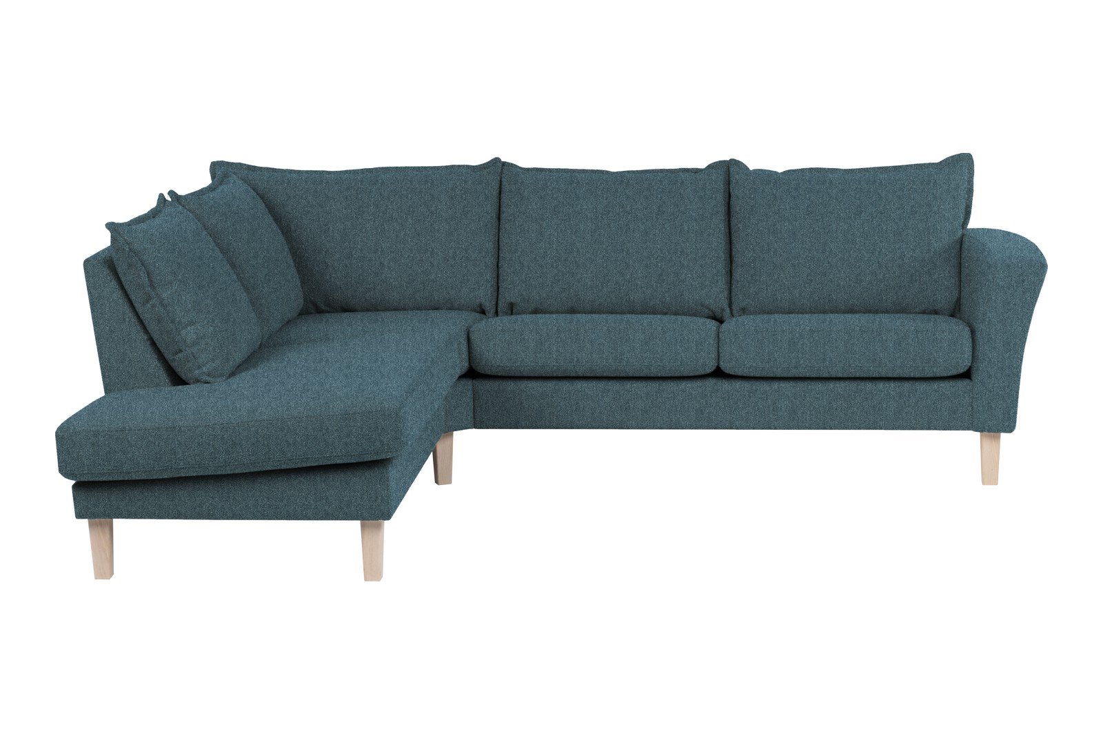 Slogen hjørnesofa Oppsett AV. 2,5-seter med åpen ende venstre. Tekstil Viva Blue med soft ryggpute. Vange A og hvitpigmentert ben 178.