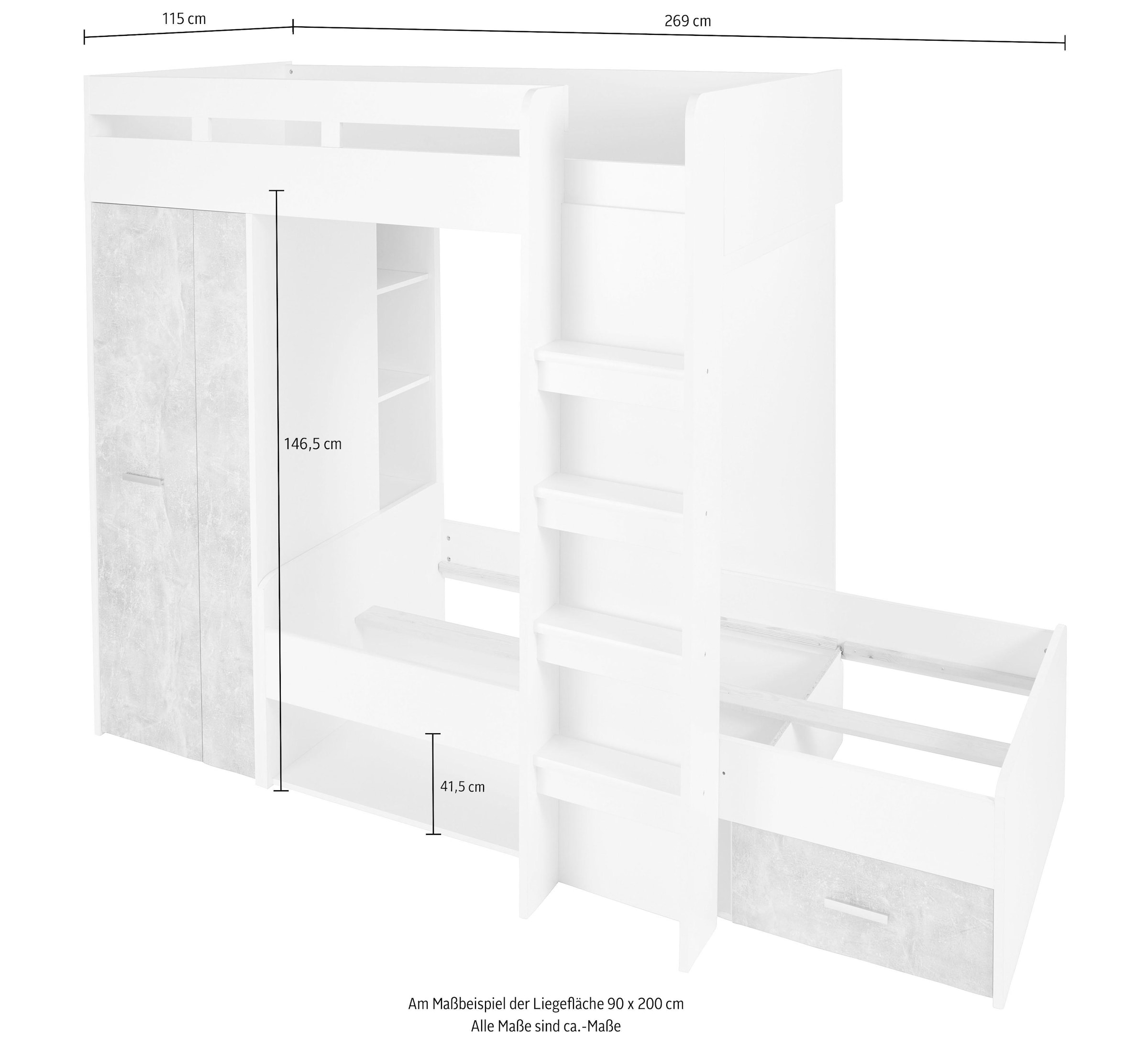 Begabino Hochbett »MAXI« mit 2 Liegeflächen, Kleiderschrank und Regalen