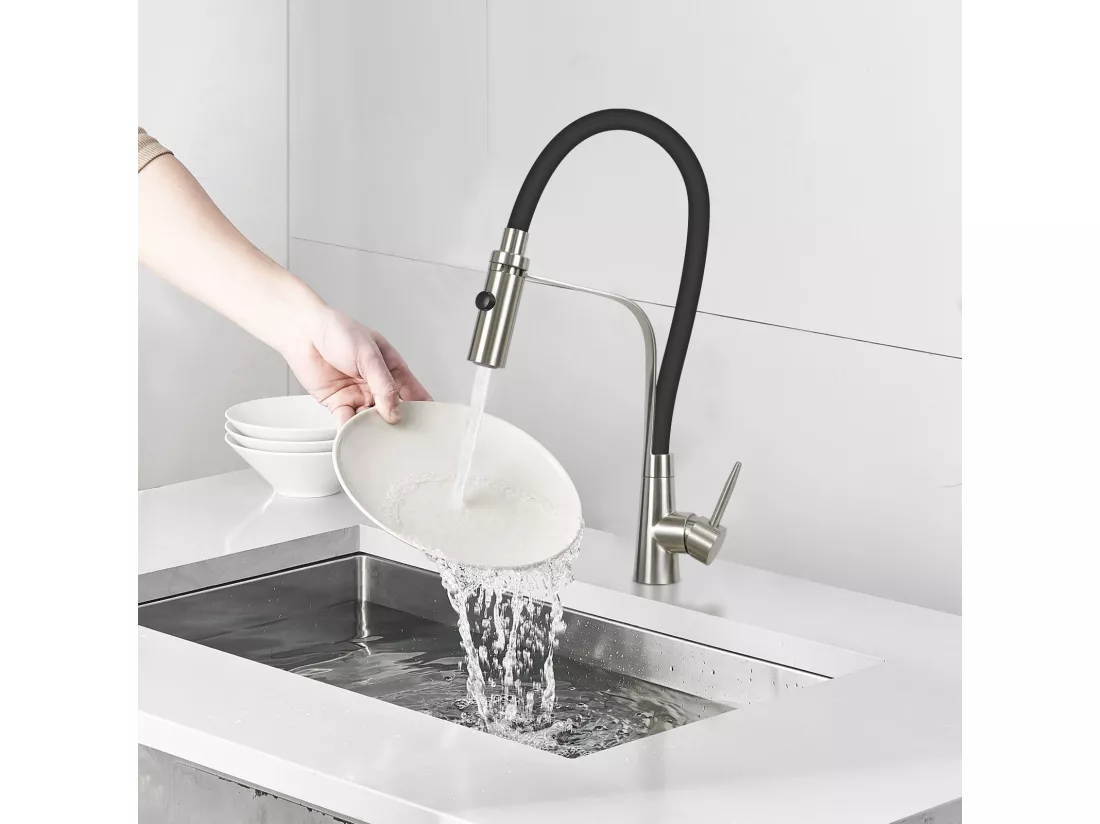 NETTLIFE Robinet de Cuisine avec Flexible Grands extensibles avec pomme de douche, 46,5 cm, noire , mélangeur à haute pression pivotant à 360