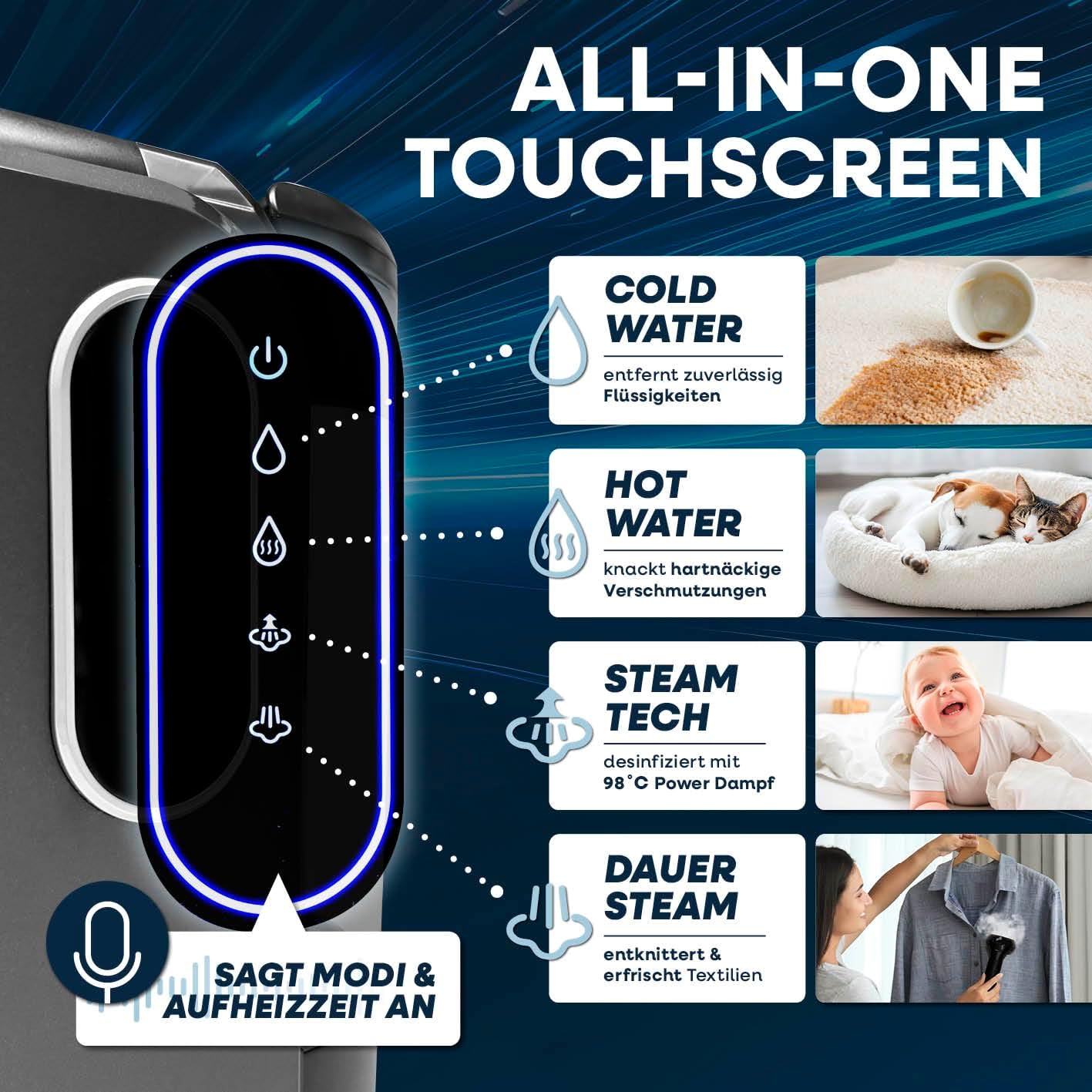 CLEANmaxx Polster- & Teppichreiniger Pro Steam | 3in1: Polsterreiniger, Spot Cleaner, Waschsauger | Fleckenreiniger mit Heißwasser- & Steam-Technologie für Teppich, Auto, Sofa etc.