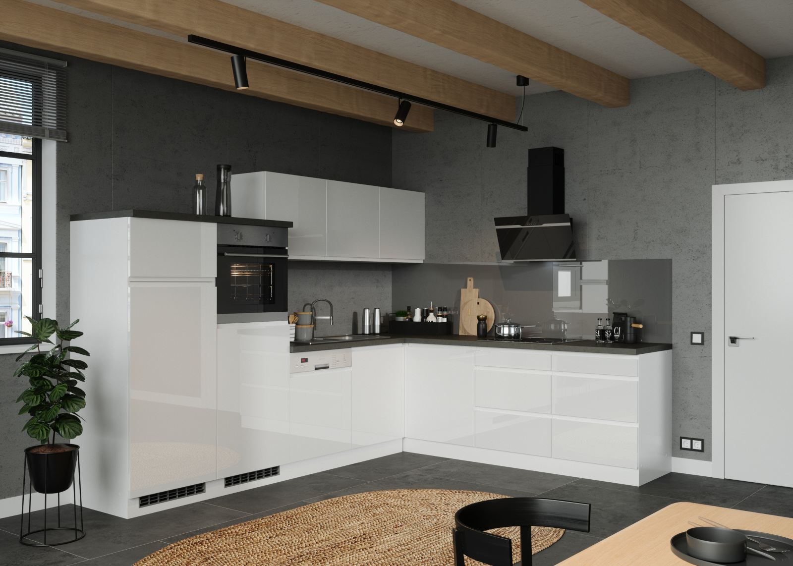 Winkelküche MONZA - weiß Hochglanz - Beton-Optik - mit E-Geräten - Glaskeramikkochfeld - 300x240 cm