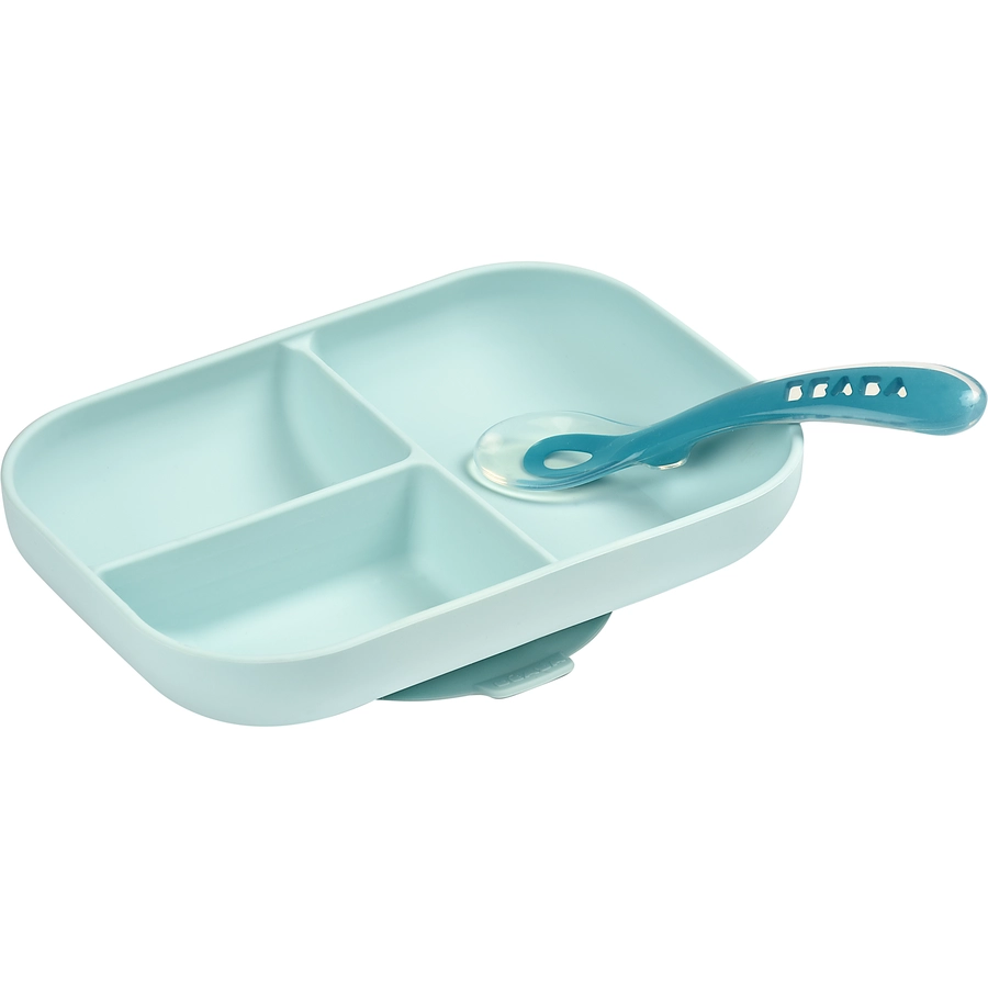 BEABA® Geteilter Silikonteller + Löffel 2. Altersstufe blau