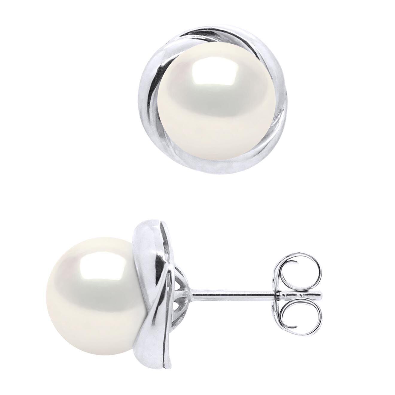 Mitzuko Boucles d'Oreilles Or Blanc & Perles d'Eau Douce rondes blanc naturel