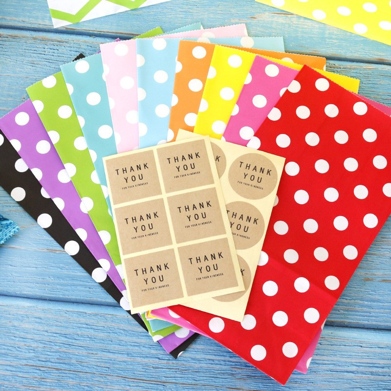 (10er Set) 13x24cm Bunte Papiertüten Candy Gift Bags   Thank You Sticker - Punkte