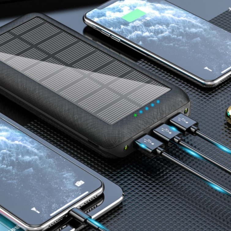 (2.1A) 20000mAh 3-fach USB A Solar Powerbank Qi Wireless Ladegerät mit Dual LED Taschenlampe - Schwarz