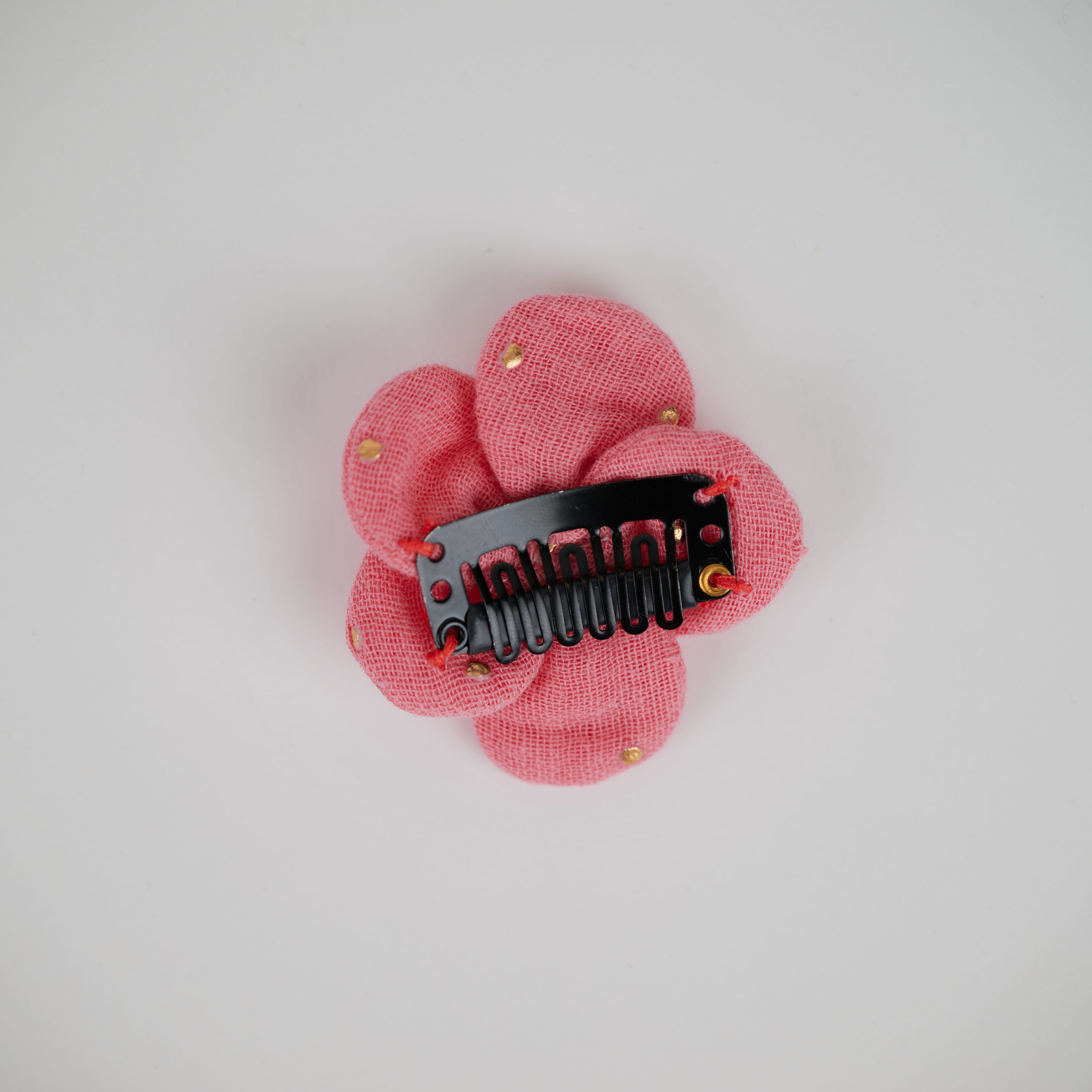 Mini Barrette Pétales De Fleur Gaze Pois Or Rose Sorbet