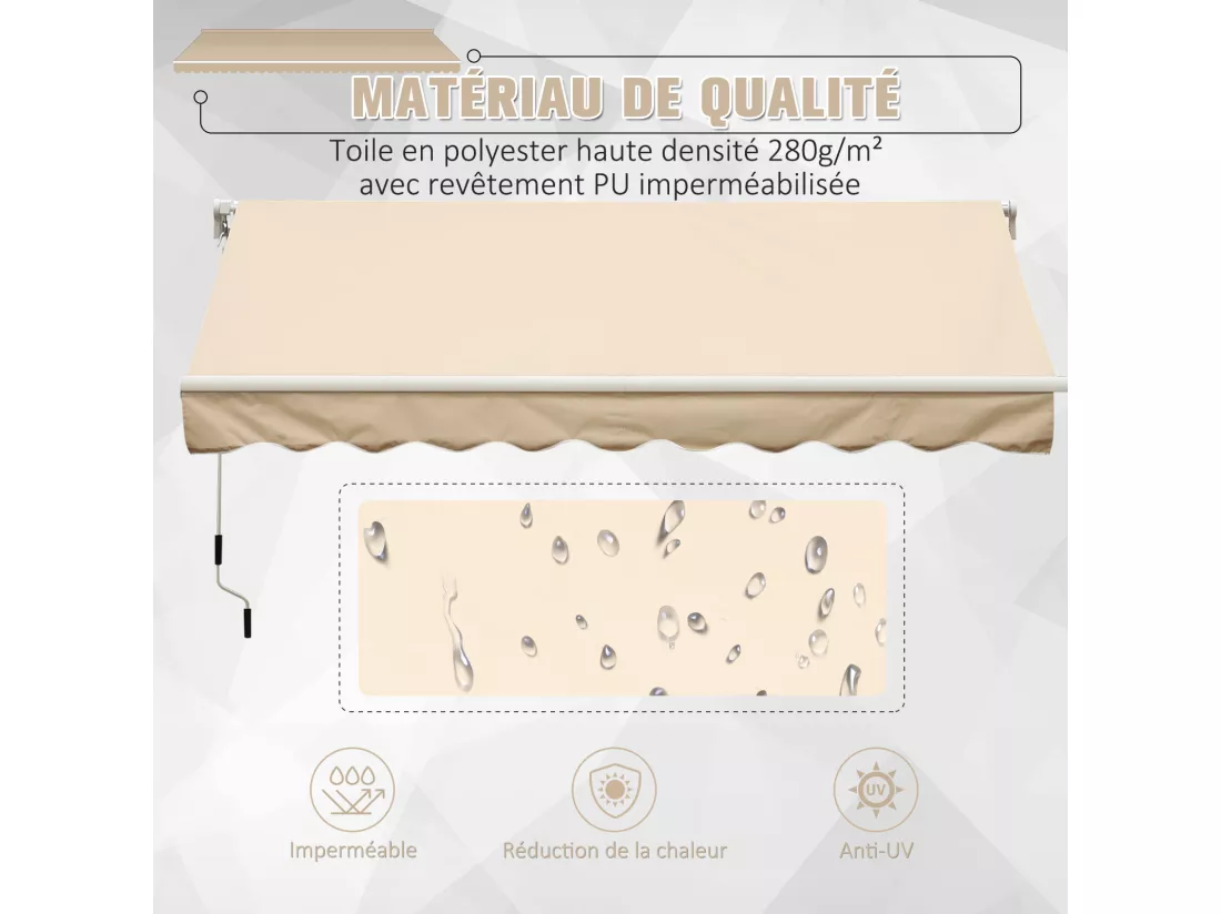 Store banne manuel rétractable alu. polyester imperméabilisé haute densité 4 x 2,5 m beige