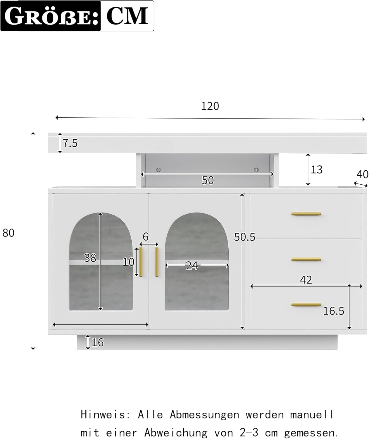 Merax Buffetschrank Sideboard mit LED-Leuchten, Kommode Schrank mit 2 Türen und 3 Schubladen, Modern Beistellschrank Mehrzweckschrank, für Wohnzimmer Esszimmer Flur, Hochglanz-Weiß, 120x40x80cm