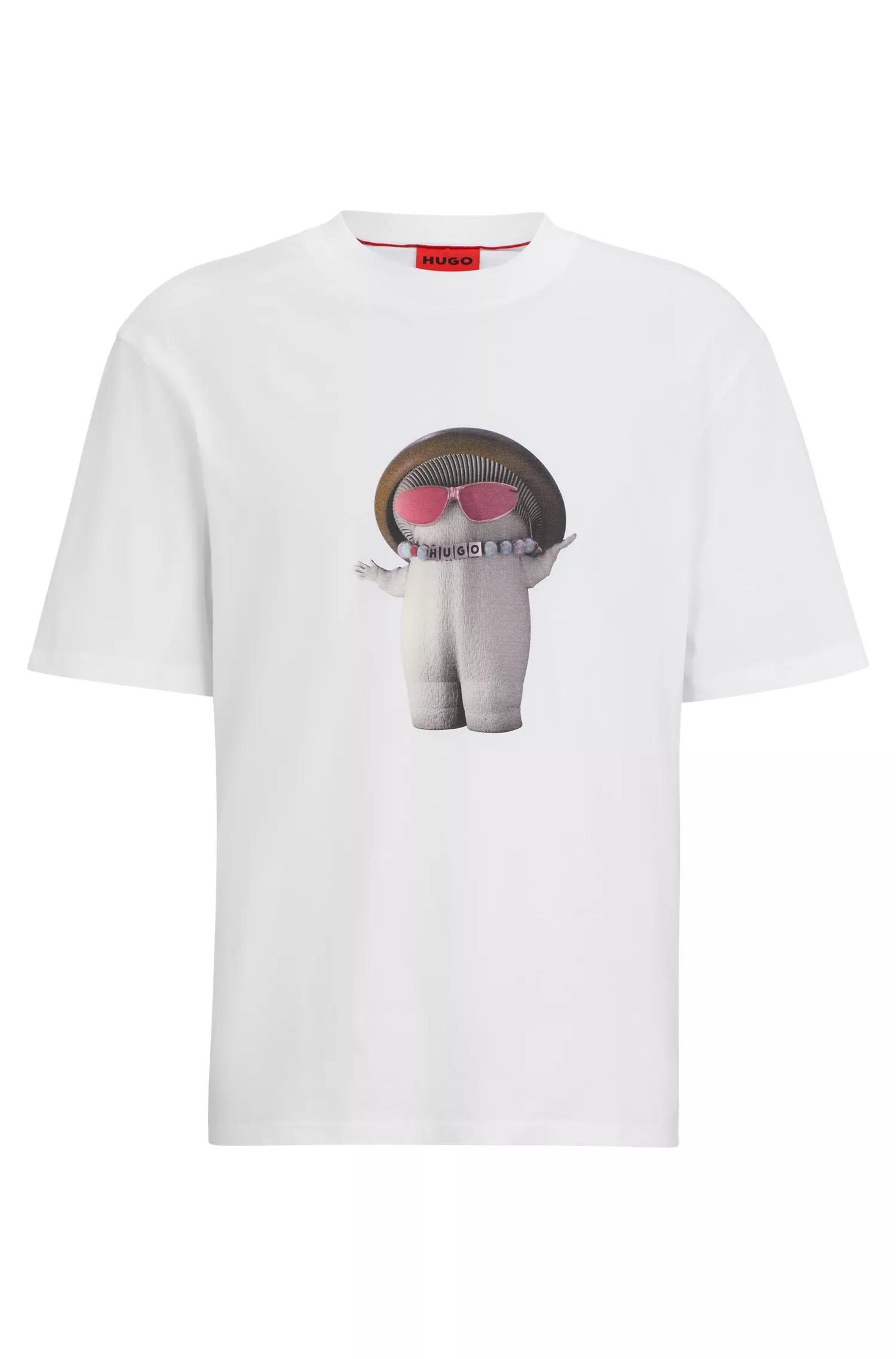 Camiseta HUGO vermelha de malha de algodão com estampa de cogumelos e modelagem relaxada.