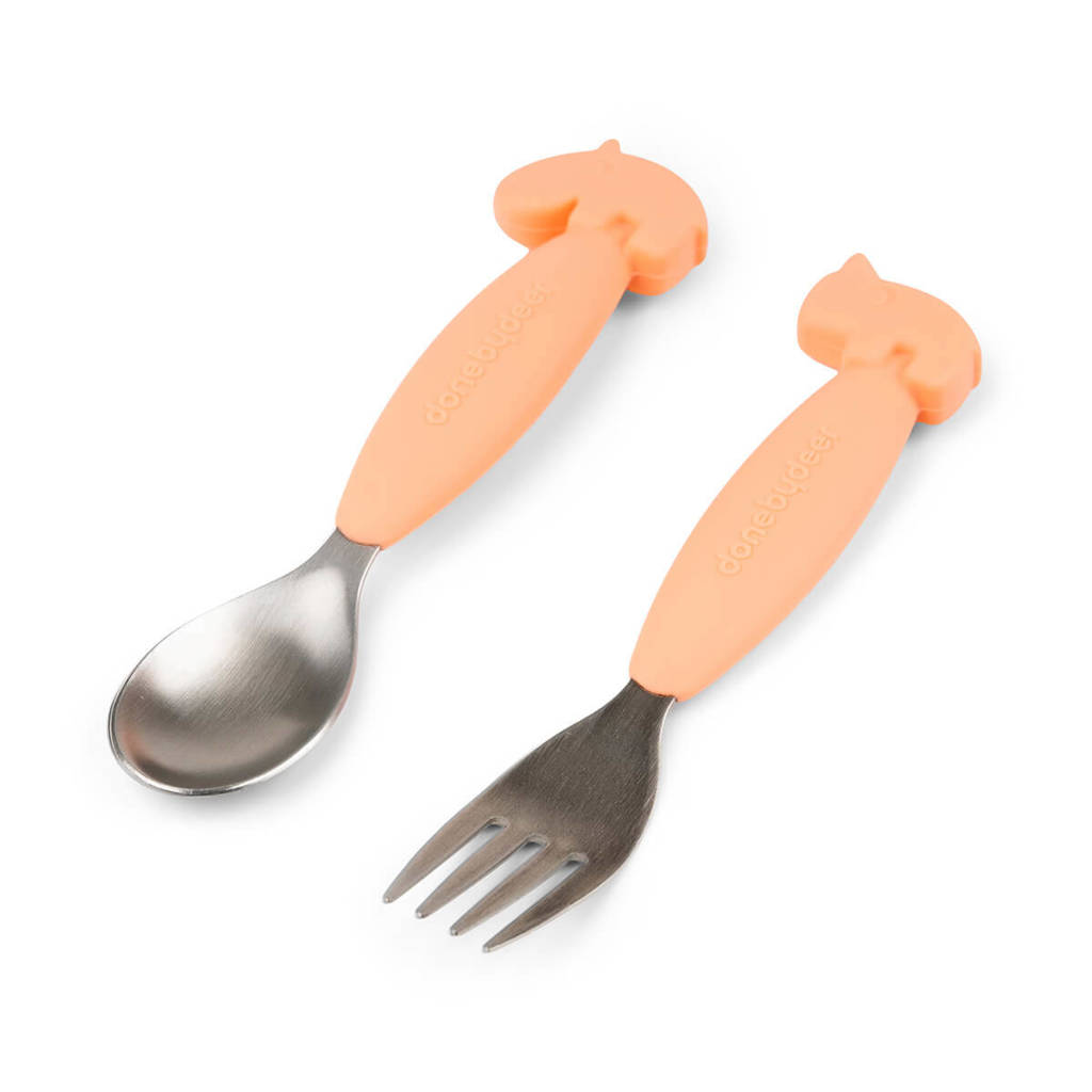 Easy-grip spoon and fork set Deer friends Coral