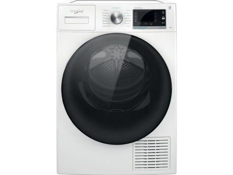Whirlpool W7 D94WB EE, Fritstående, Front-læsning, Kondensering, Sort, Hvid, Knapper, Dreje, Højre